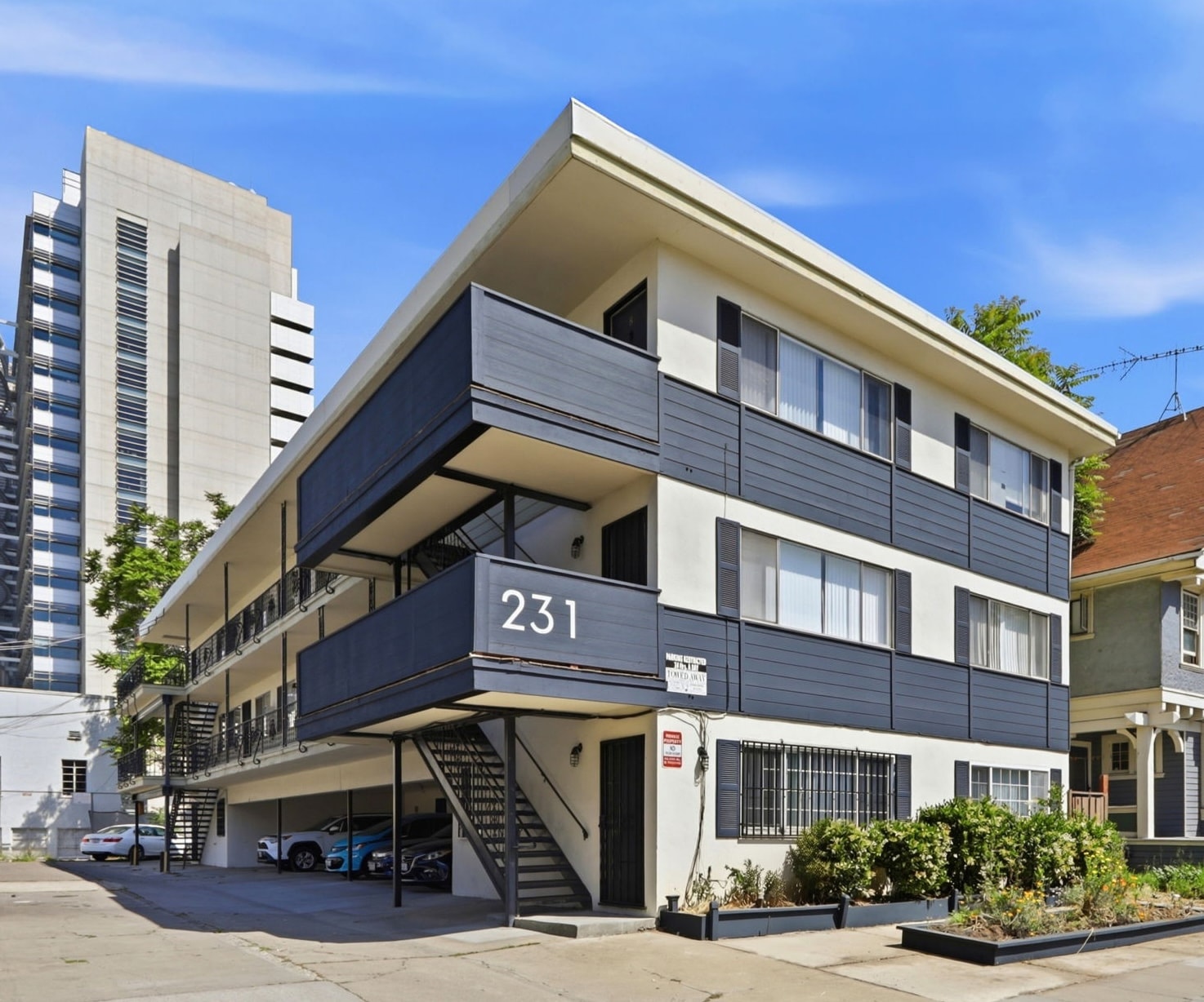 Exterior of 231 E San Fernando — a 12-unit boutique apartment building in downtown San Jose